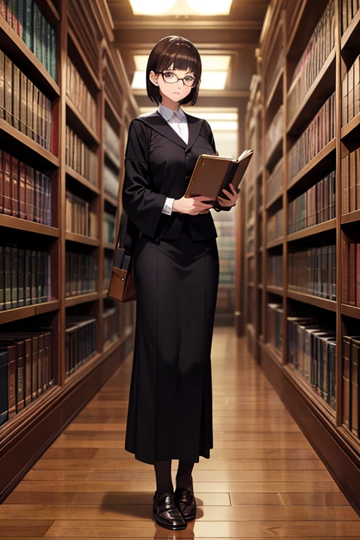 Anime Art、Full body portrait、In the dark library、A woman around 32 years old, about 160cm tall, wearing a black academic gown, standing upright and holding a book、Glasses、Troubled face、Short medium hairstyle、Brown Hair、Dark Eyes、gloves、loafers