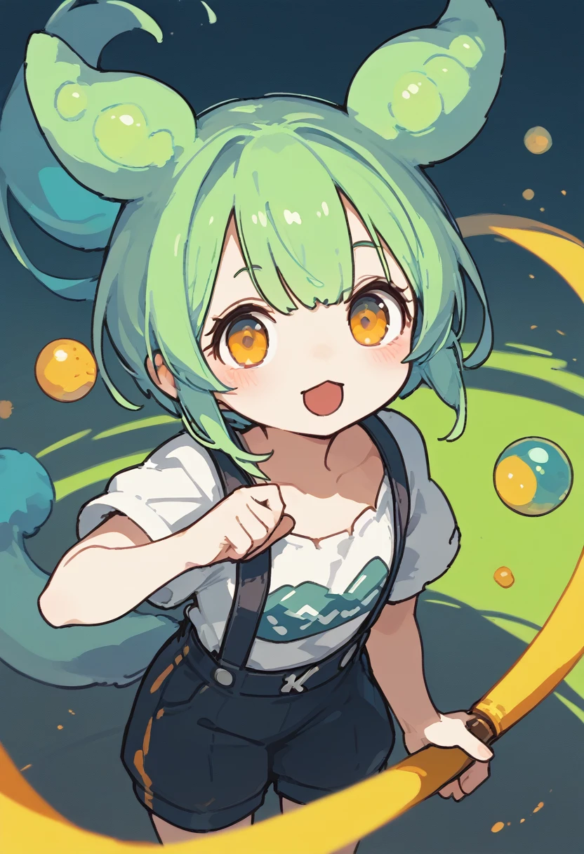 Zundamo,Voice Box,Girl with green hair, Brush Sticker, Animal ears, Long Hair, Low Ponytail, Hair Ears,White shirt, Short sleeve, suspender Shorts,Shorts, Puff sleeves,Cyberpunk city of the future, Dark sky background, Face close-up,smile , Front view, High Angle, Portraiture,super close up shot, Open the mouse,High Contrast