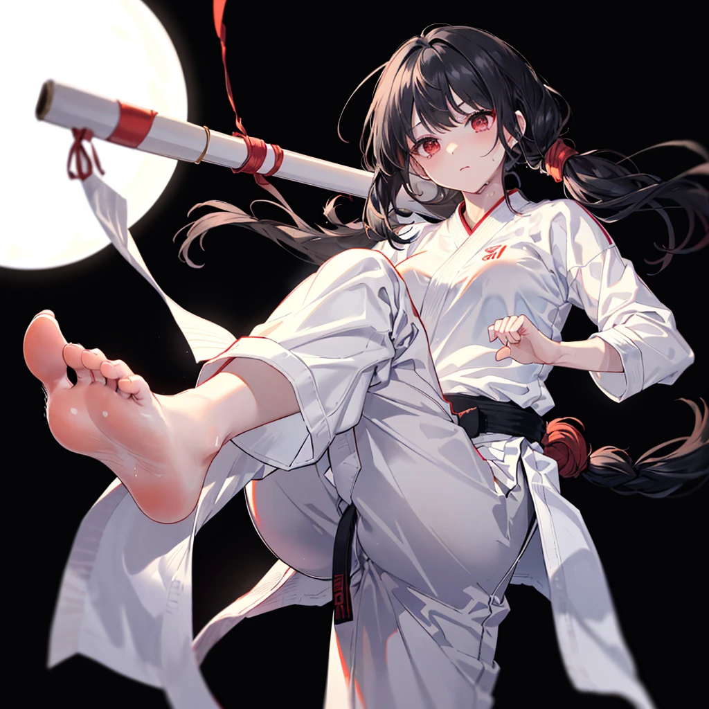 ((((Karate　Black belt、Kick、Show the soles of your feet　Crack the glass))))　(((White Doshi　White trousers、Sweat　Bright red eyes　Black Hair　Long Hair　Tie your hair back)))　((Black background　Front close-up))　Shining Edge　Shining Background