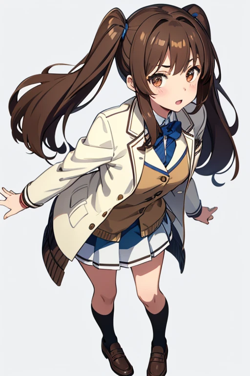 standing, from front, full body shot,one girl, deep brown hair, low twin tails, deep brown eyes, white skin, teenager, , Great Joy, high school girl, , jacket/blazer, slim, looking at viewer, white background