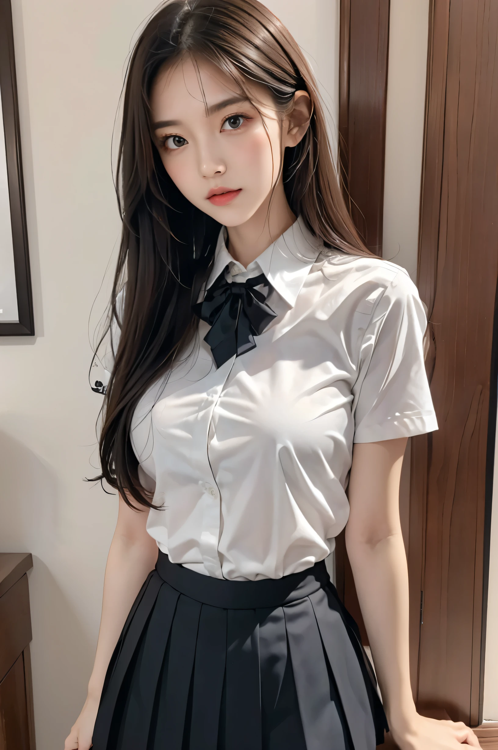 (ultra HD), (School uniform with short sleeves, White collared shirt, Black Skirt), Full body description, Big Breasts, Cleavage, slender, Clean and shiny skin, Whitening, Super slender face, (long hair, Layered Cut, Fluffy hair,light brown), (Double eyelids, Slanted Eyes), Small Nose, Thin lips, Thin legs, classroom