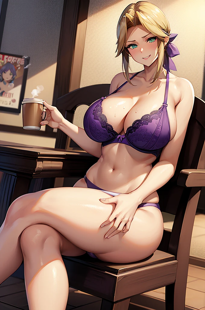 woman,Huge ,Huge breastsreasts,とても唇が赤reastsを強調,Big Ass,NaistLong legs,Gr Eyes, Huge breasts,Huge breasts, Huge brea唇が赤いHuge breaBig Ass,NarrowLong legs, Greenish es 8k( A goofy le, the face we want, a mischievous face:1.5)Anime-style face, good facial expression, acme,A face feeling orgasm,The expression of orgasm, sweat flying 8k(Purple underwrple bra,Purple panties:1holding a coffee cup with coffee in it:1.3)Sitting in a cha