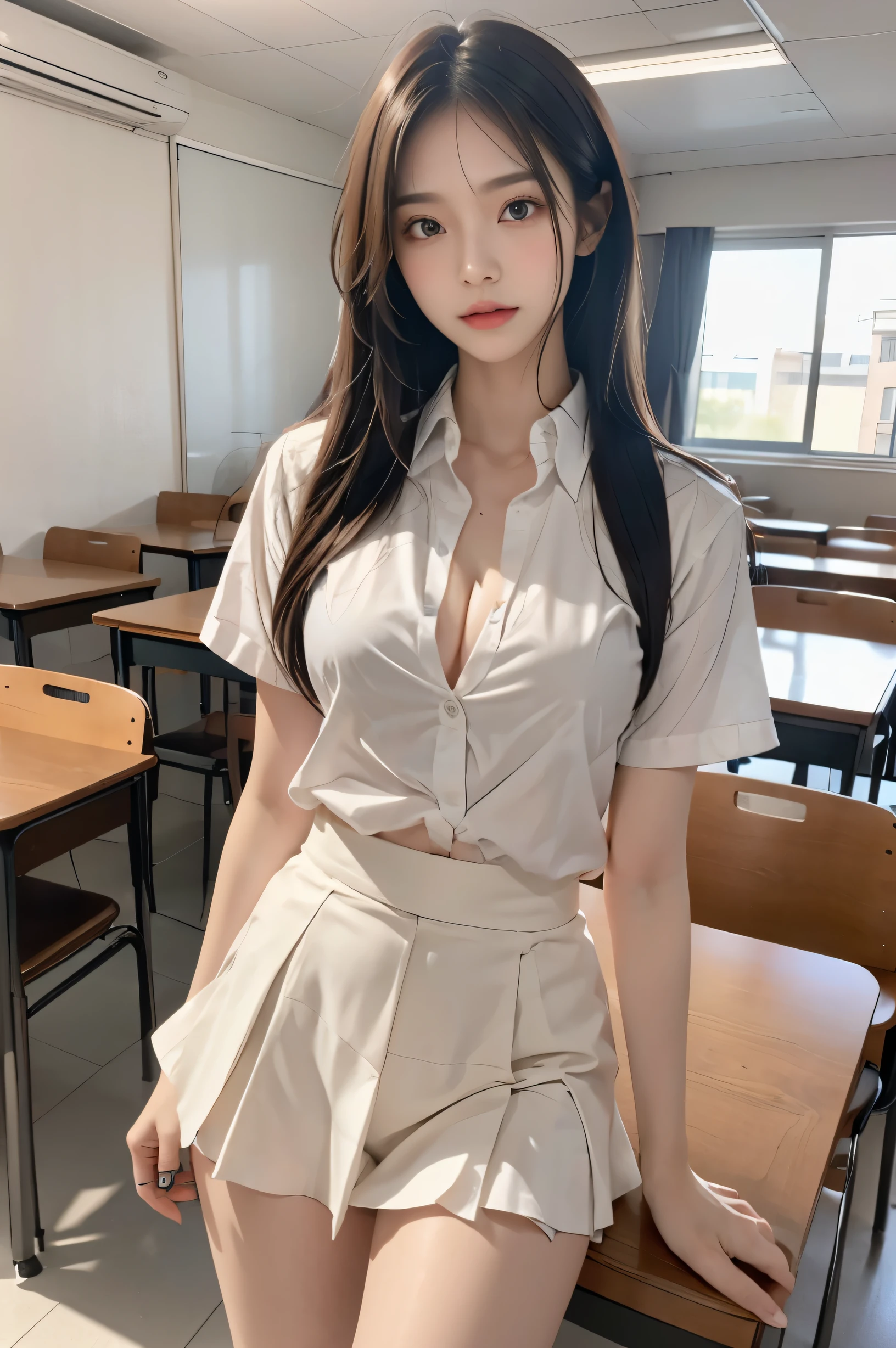 (ultra HD), (School uniform with short sleeves, White collared shirt, Black Skirt), Full body description, Big Breasts, Cleavage, slender, Clean and shiny skin, Whitening, Super slender face, (long hair, Layered Cut, Fluffy hair,light brown), (Double eyelids, Slanted Eyes), Small Nose, Thin lips, Thin legs, classroom