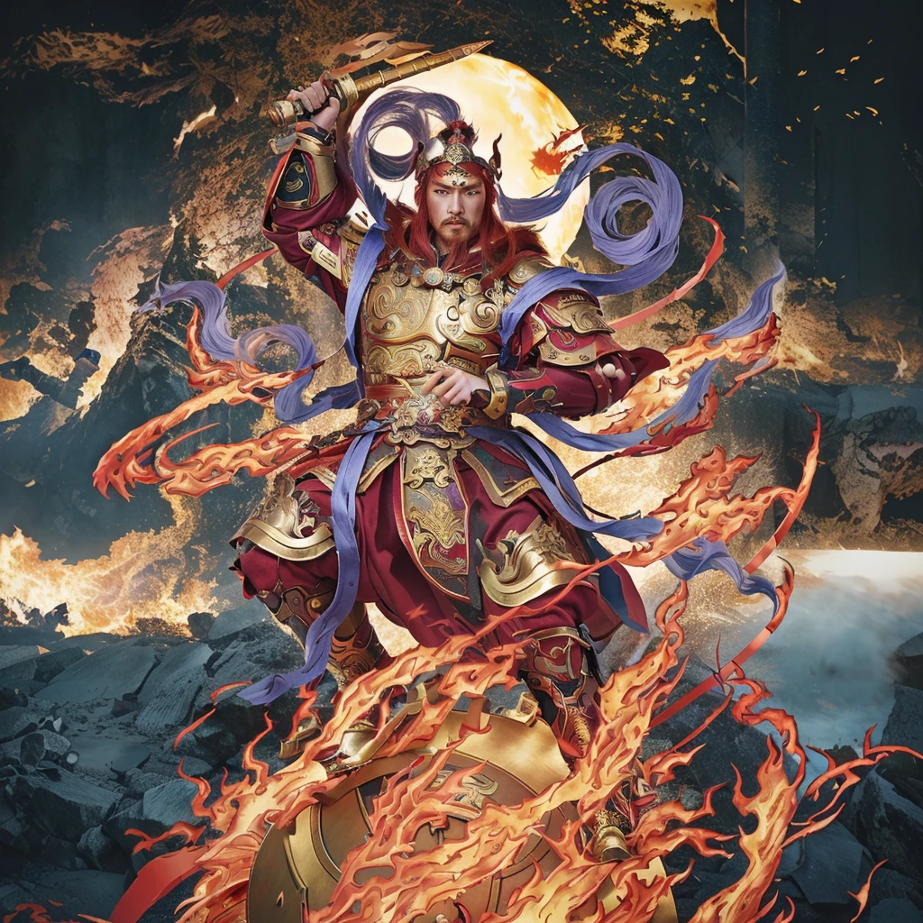 red hair male Chinese warrior (3 eyes) asura look, ancient Chinese armour, surrounded by fire, sending on a huge metallic wheel, holding a metal whip weapon (sword), purple deity ribbon, fierce look, proper finger gesture