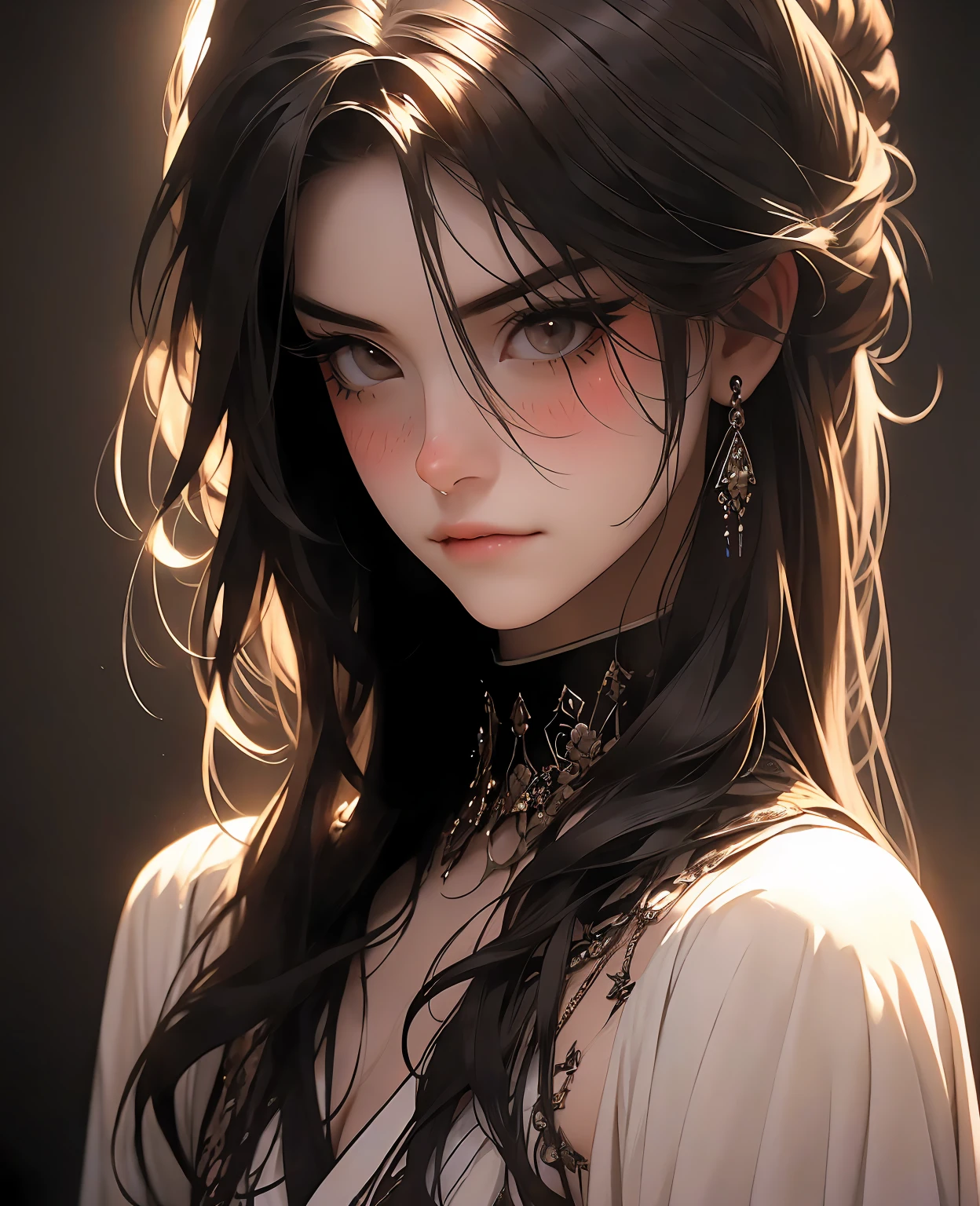 a beautiful young woman with long black hair, pale skin, and dark, stunning eyes, her doll-like face expressing concern, wearing a servant's robe, (best quality,4k,8k,highres,masterpiece:1.2),ultra-detailed,(realistic,photorealistic,photo-realistic:1.37),intricate details, porcelain skin, volumetric lighting, cinematic lighting, dramatic shadows, moody atmosphere, warm color palette, chiaroscuro lighting