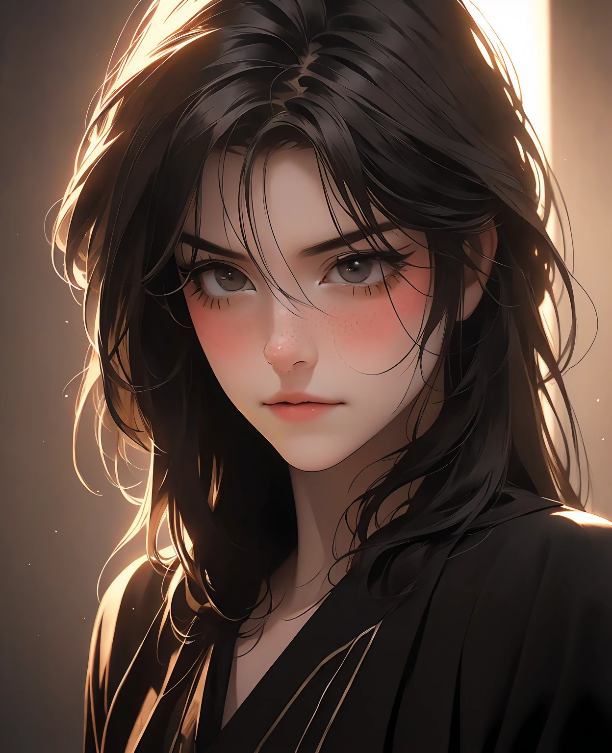 a beautiful young woman with long black hair, pale skin, and dark, stunning eyes, her doll-like face expressing concern, wearing a servant's robe, (best quality,4k,8k,highres,masterpiece:1.2),ultra-detailed,(realistic,photorealistic,photo-realistic:1.37),intricate details, porcelain skin, volumetric lighting, cinematic lighting, dramatic shadows, moody atmosphere, warm color palette, chiaroscuro lighting