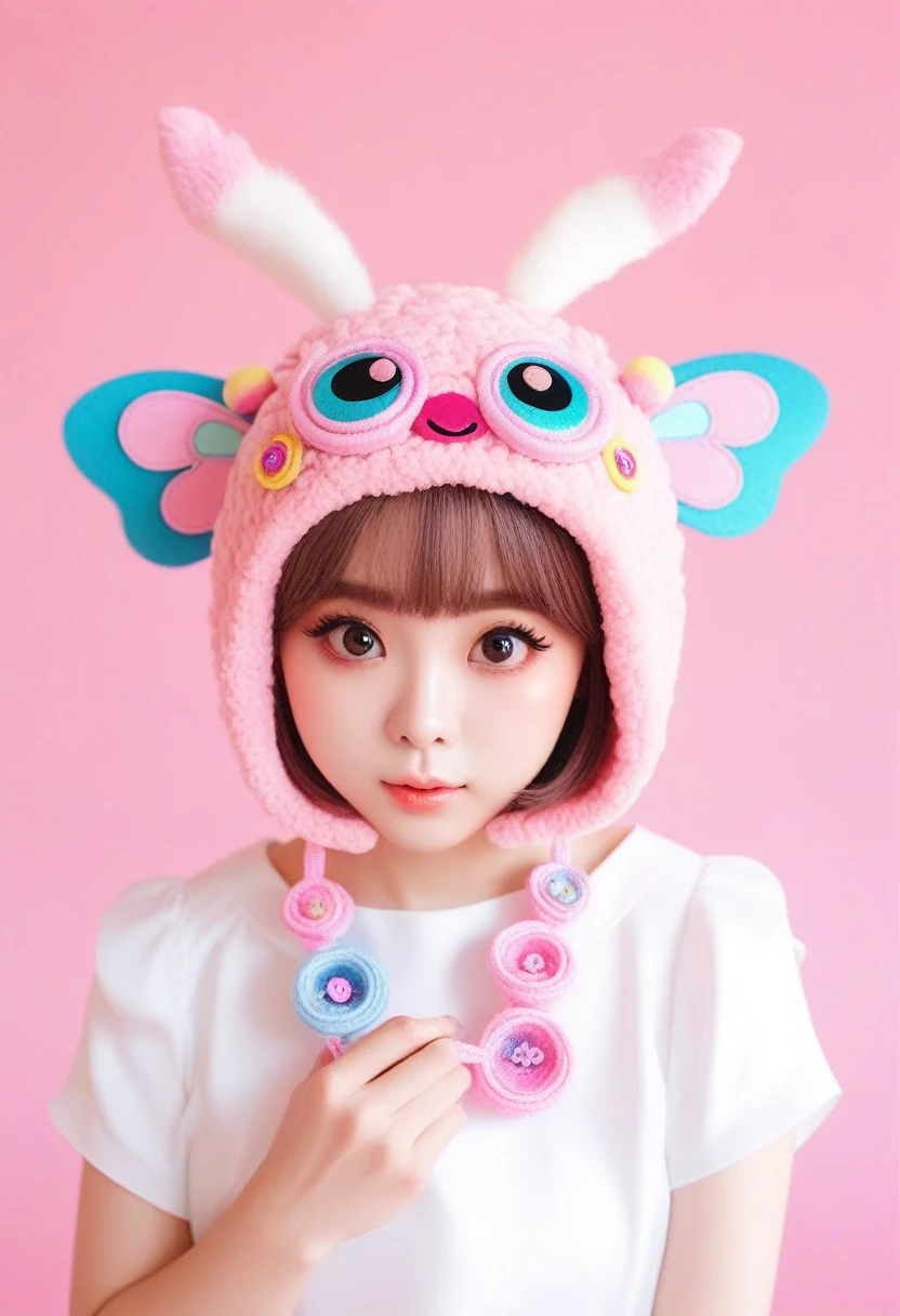 Ribbon on head、Mouth is a butterfly、Big eyes、Cute horned monster。The color is pink