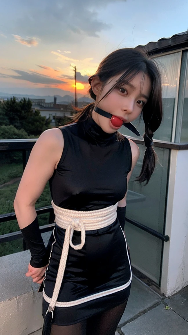 8k RAW photo, High resolution, 1 girl,. Night view, Ready to conquer the kingdom, ninja,Kunoichi,With a sword at his waist,shinobi, ninja mask, pony tail, ballgag 