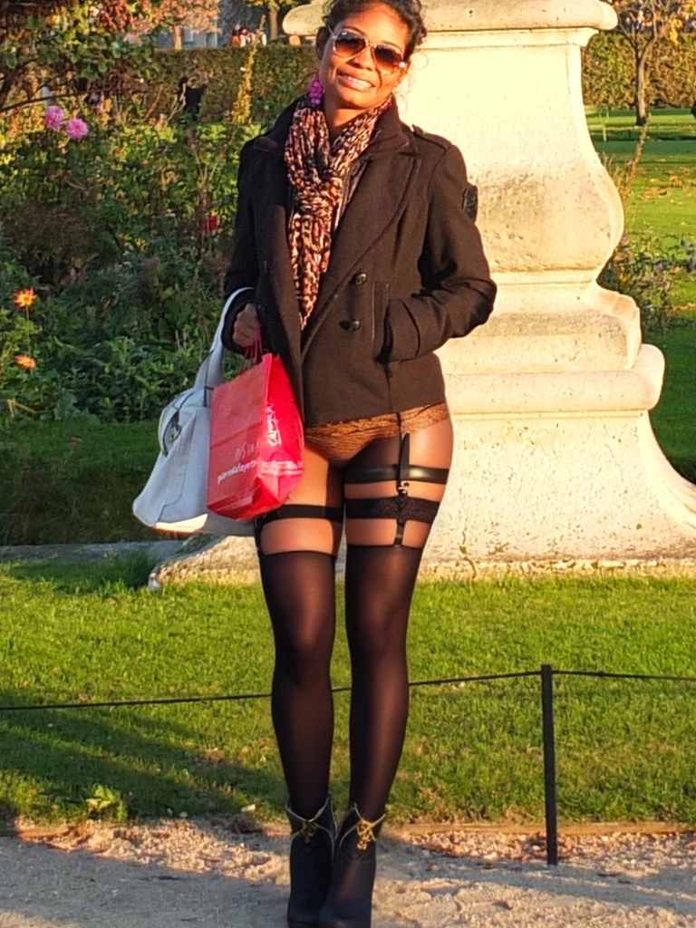nude, african, (colored stockings), lace garter, (golden leather varnish boots), photo