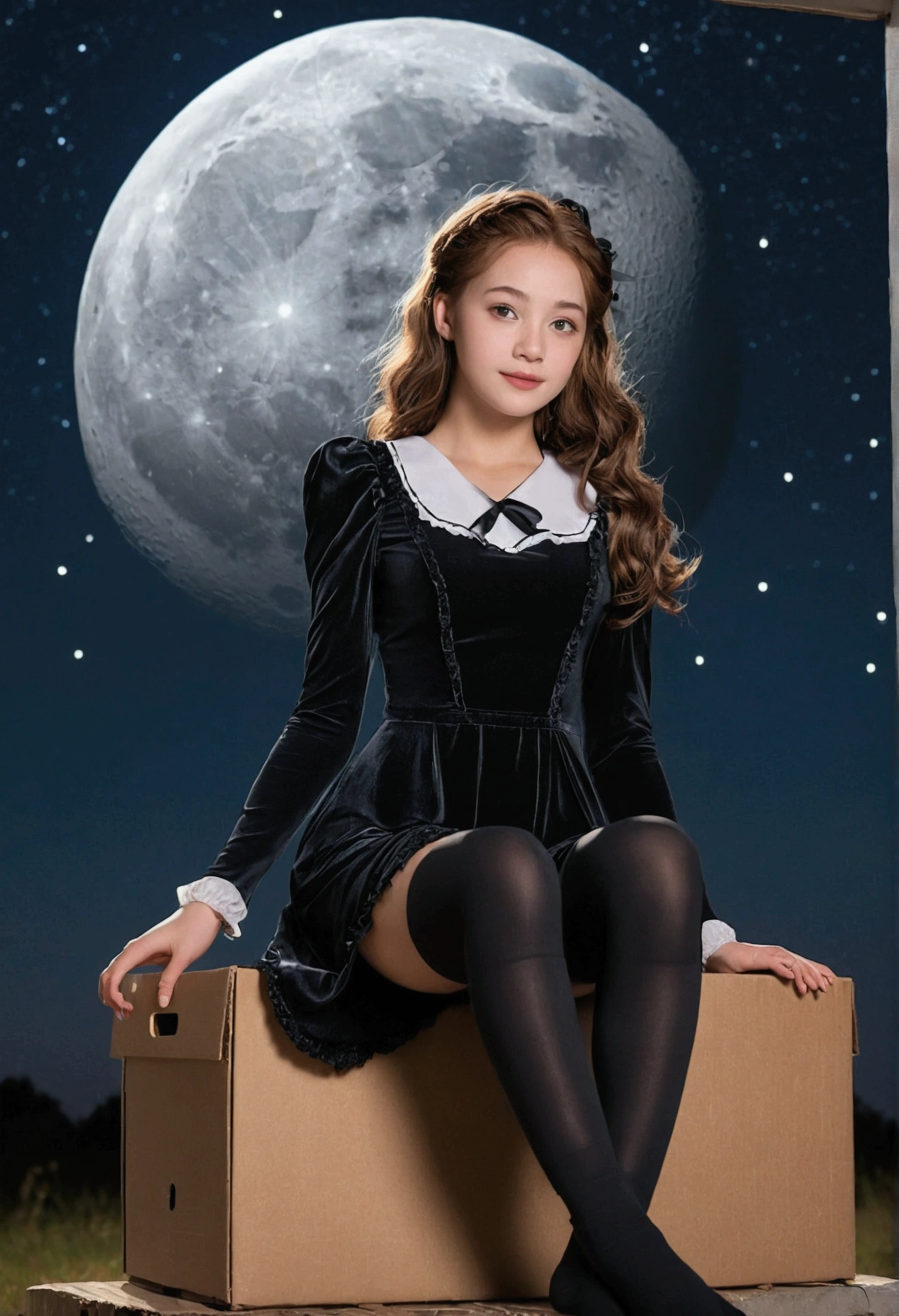 1girl, dorothy, black dress, (facing viewer), spread legs, sitting on box, black leggings, night sky, stars, moon