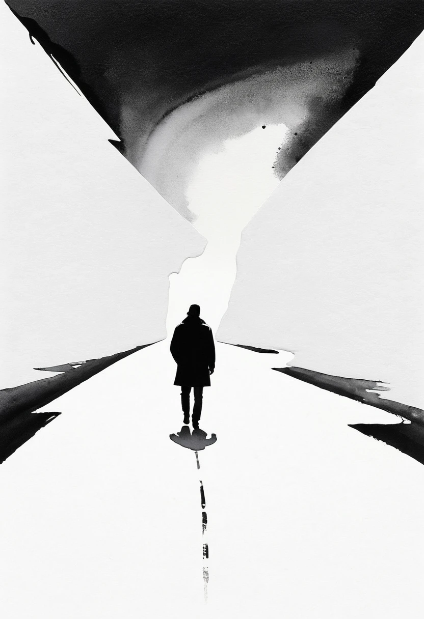 (Lots of white space:1.5)，(Lots of white space:1.6), Huge negative space,White background, simple, Minimalism, Abstract,Hand Painted，Aesthetic，black and white，Ink Painting，road，solitary Man