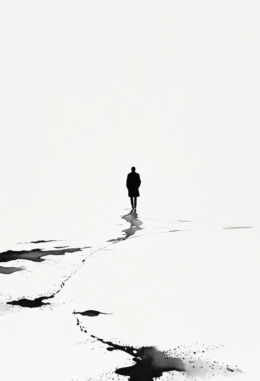 (Lots of white space:1.5),(Lots of white space:1.6), Huge negative space,White background, simple, Minimalism, Abstract,Hand Painted,Aesthetic,black and white,Ink Painting,road,solitary Man