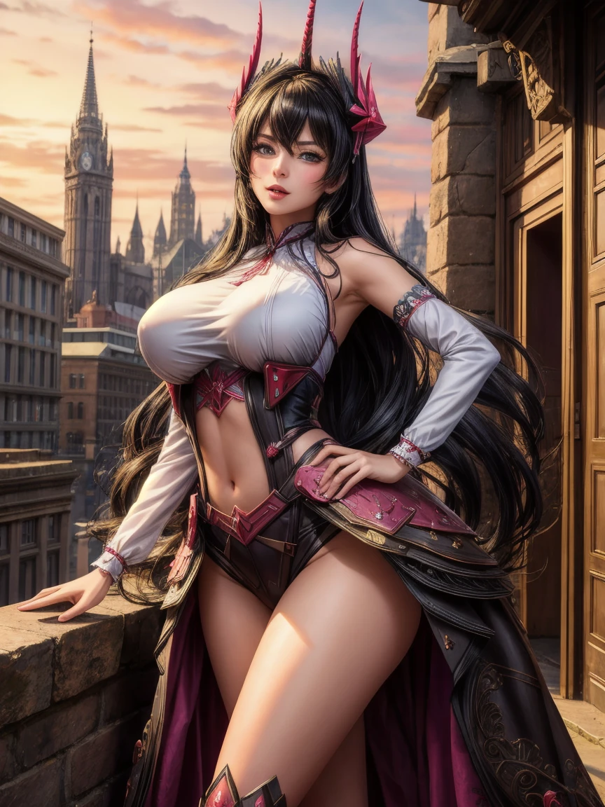 (​masterpiece, best quality:1.2), Intricate detailing, 35 years, standing, sexy pose, pretty face, Harran, 1 girl, Harran Clothing, Harran Head gear, contrasting sleeves, hat, black Hair, sexy body, city in the background, (mature woman:1.2), ((big boobs:0.4))