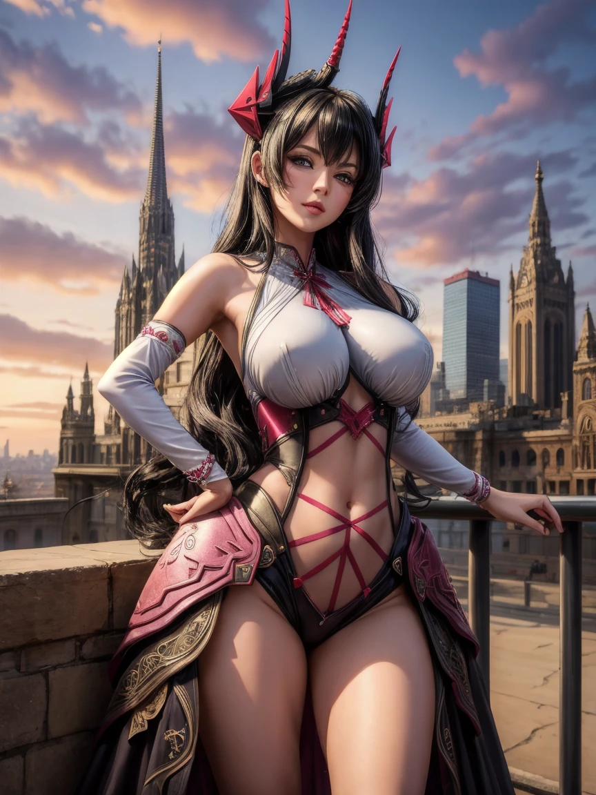 (​masterpiece, best quality:1.2), Intricate detailing, 35 years, standing, sexy pose, pretty face, Harran, 1 girl, Harran Clothing, Harran Head gear, contrasting sleeves, hat, black Hair, sexy body, city in the background, (mature woman:1.2), ((big boobs:0.4))