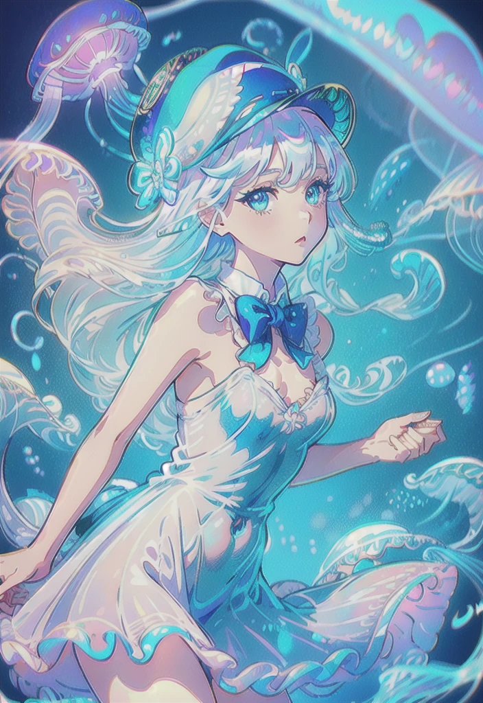 ((masterpiece)),(illustration),(((best quality)),iridescent,
((beautiful detailed girl)),jellyfish_girl,small breast,upper_body,
(delicate cute face),lovestruck,(iridescent eyes),
((floating_hair)),iridescent,(jellyfish_hat),bow,
dark_blue dress,bowties,laces,ribbons,pearl,
(in deep_sea),fishes,(jellyfish),beautiful landscape,