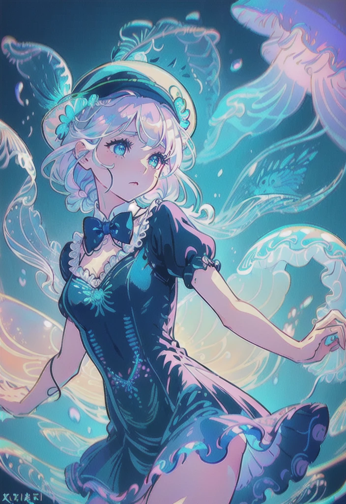 ((masterpiece)),(illustration),(((best quality)),iridescent,
((beautiful detailed girl)),jellyfish_girl,small breast,upper_body,
(delicate cute face),lovestruck,(iridescent eyes),
((floating_hair)),iridescent,(jellyfish_hat),bow,
dark_blue dress,bowties,laces,ribbons,pearl,
(in deep_sea),fishes,(jellyfish),beautiful landscape,