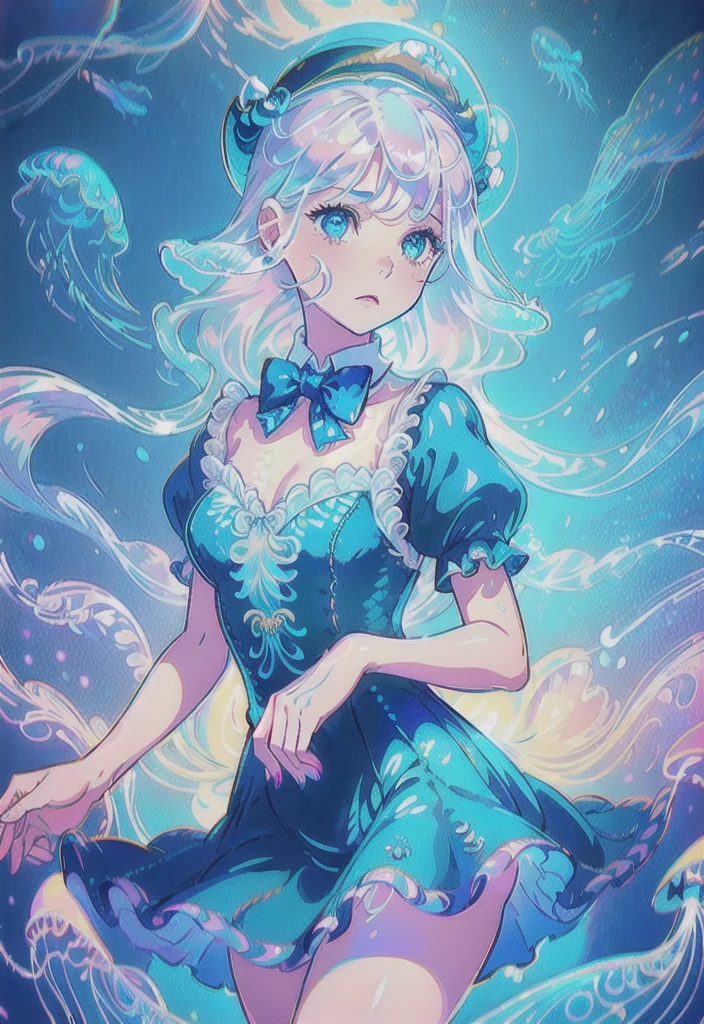 ((masterpiece)),(illustration),(((best quality)),iridescent,
((beautiful detailed girl)),jellyfish_girl,small breast,upper_body,
(delicate cute face),lovestruck,(iridescent eyes),
((floating_hair)),iridescent,(jellyfish_hat),bow,
dark_blue dress,bowties,laces,ribbons,pearl,
(in deep_sea),fishes,(jellyfish),beautiful landscape,