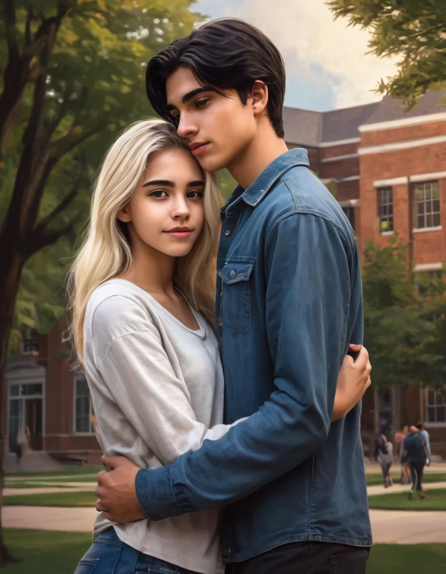 Create a digital artwork depicting a college-going couple hugging each other. The girl should have long black hair and hazel eyes, while the boy should have short blond hair. One of the boy's hands should be holding a special kind of knife, subtly visible. The setting can be a typical college campus background, with a slightly moody or mysterious atmosphere..