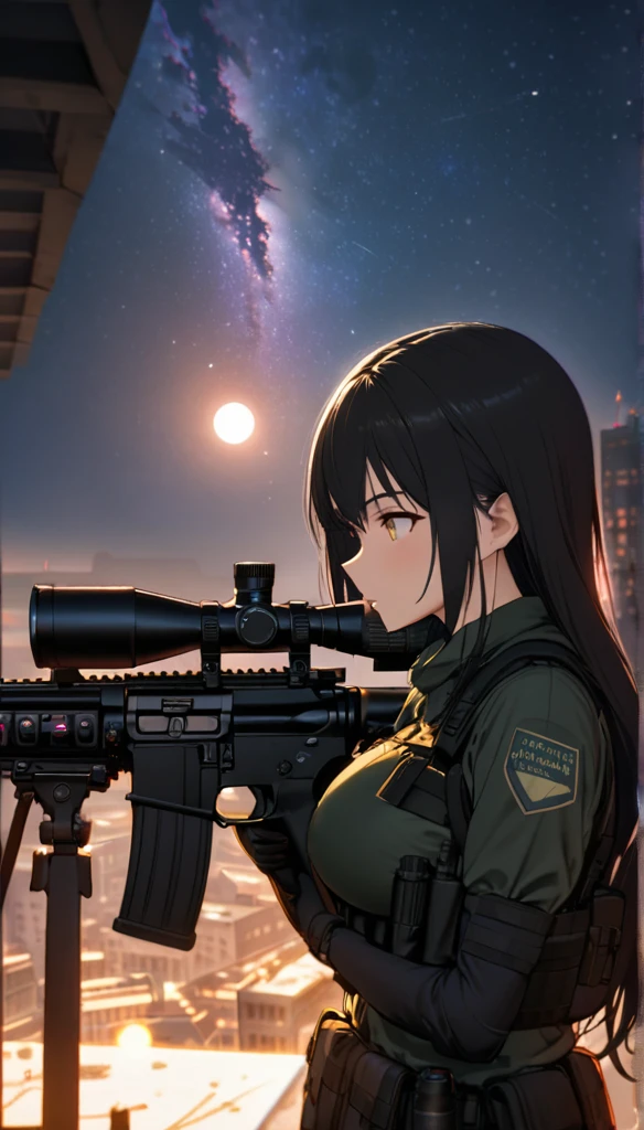 Highest quality, Highest quality, 16K, Unbelievably absurd, Very detailed, delicate and dynamic, Natural light, The particles reflect light, Diffuse reflection of light, Vortex of Light, war zone, bombs blusting around, dark outfield, ruined big city, roof top of ruined building, moon night, milky way, illumination, Create amazing image effects, Upper body close-up, (sole sexy girl, big Firm bust, , powerful, A professional sniper,, shooting a target with M16 auto rifle, swat uniform,)