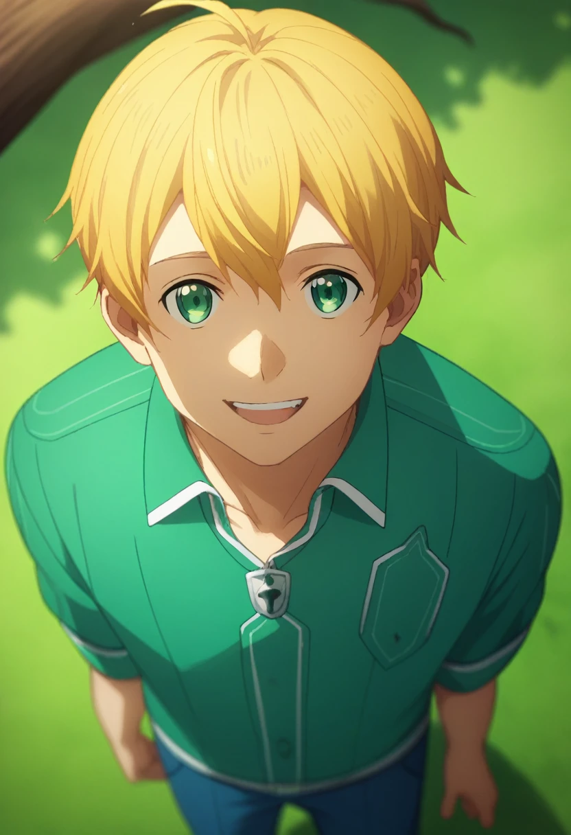 score_9, score_8_up, score_7_up, source_anime, rating_safe, , (photorealistic:0.6), looking at viewer, depth of field, 1boy, solo, male focus, eugeo, yellow hair, green eyes, from above, full body, green fields, noon, leaning on tree, happy, ,