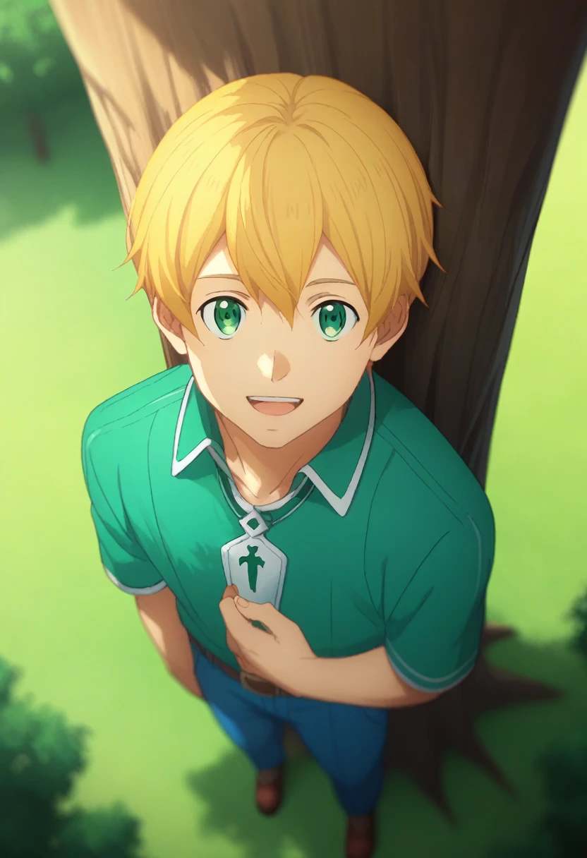 score_9, score_8_up, score_7_up, source_anime, rating_safe, , (photorealistic:0.6), looking at viewer, depth of field, 1boy, solo, male focus, eugeo, yellow hair, green eyes, from above, full body, green fields, noon, leaning on tree, happy, ,