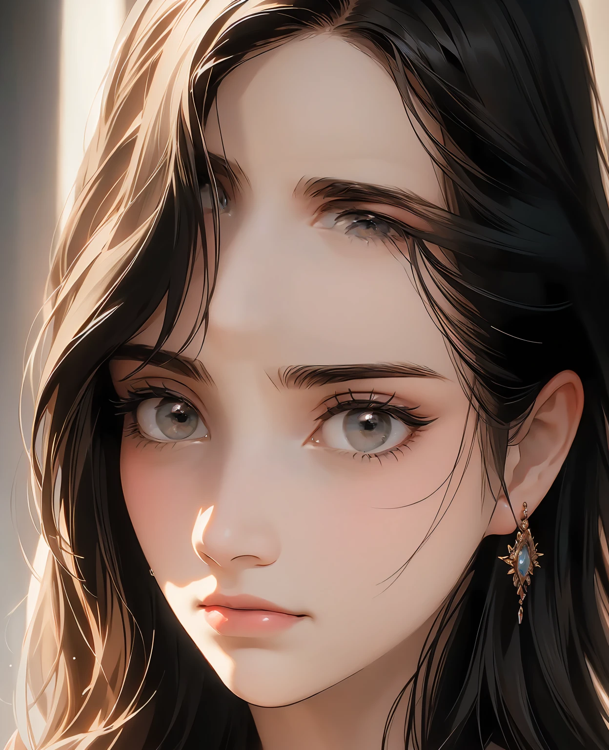 stunning detailed portrait of a beautiful young woman with long black hair, pale white skin, and striking dark eyes, exquisite delicate facial features like a porcelain doll, wearing a servant's robe, concerned expression, 1girl,intricate detailed painting, oil painting, hyperrealistic,extremely detailed, sharp focus, photorealistic, 8k, cinematic lighting, dramatic chiaroscuro, warm soft color palette, glowing skin