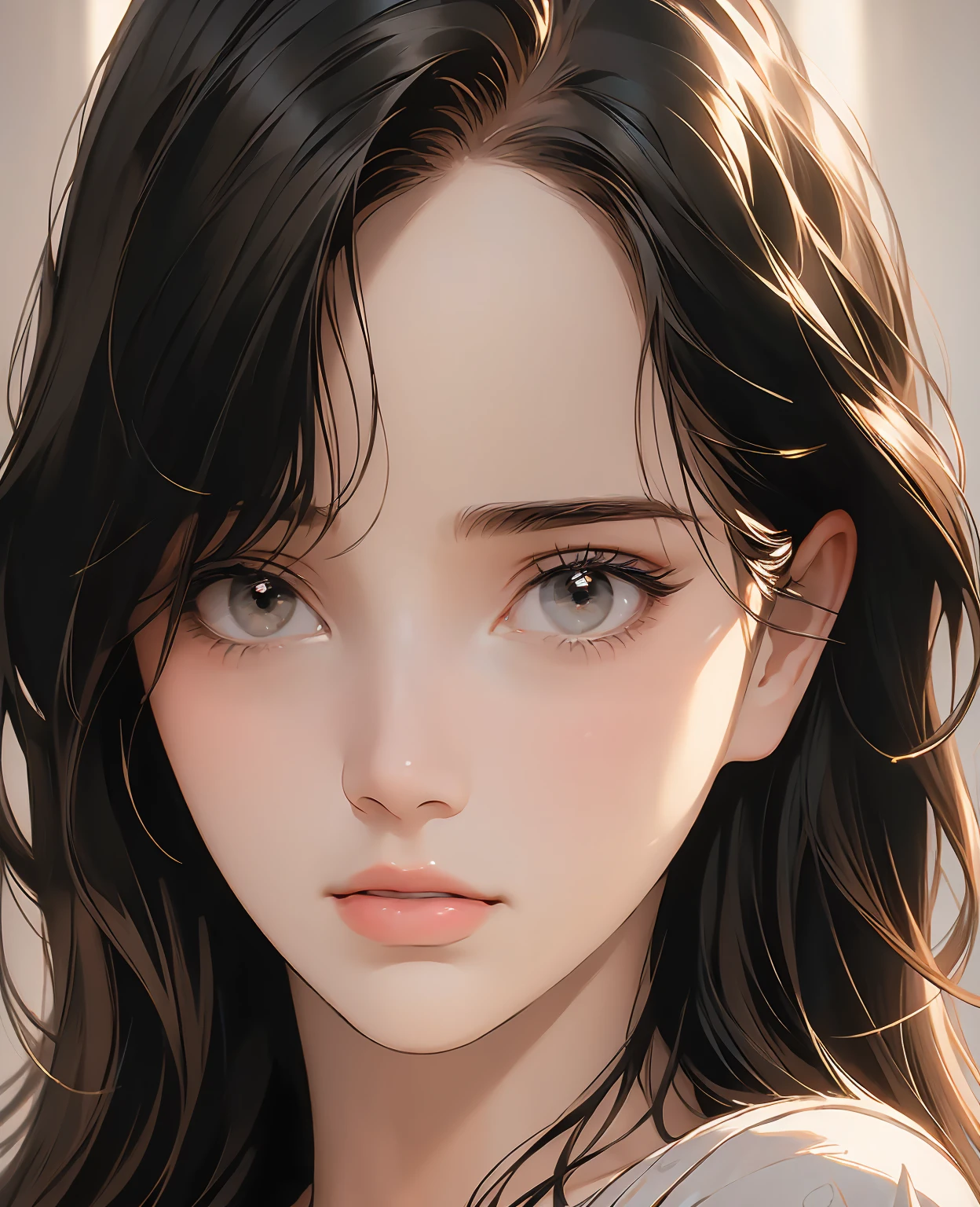 stunning detailed portrait of a beautiful young woman with long black hair, pale white skin, and striking dark eyes, exquisite delicate facial features like a porcelain doll, wearing a servant's robe, concerned expression, 1girl,intricate detailed painting, oil painting, hyperrealistic,extremely detailed, sharp focus, photorealistic, 8k, cinematic lighting, dramatic chiaroscuro, warm soft color palette, glowing skin