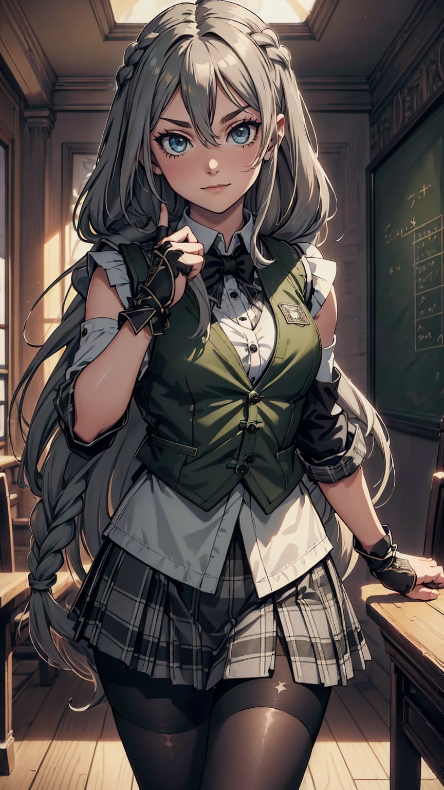 最high quality、Ultra High Definition, Ultra High Quality, Hyper Definition, Hyper Quality, Hyper Detailed, Extremely Detailed, Perfectly Detailed, Best image quality、masterpiece、woman((20-year-old, super dynamic pose , Green solid eyes, Silver long Hair with  small braids、Disheveled Hair、Fingerless Glove、Black School Vest, Grey Plaid Skirt, Black Tights, Smirk、cheerful expression, Dressed in school)),high quality、Beautiful art、background((Inside the mansion))、Written boundary depth、movie、Visual Arts、Perfect art、8K,Genuine