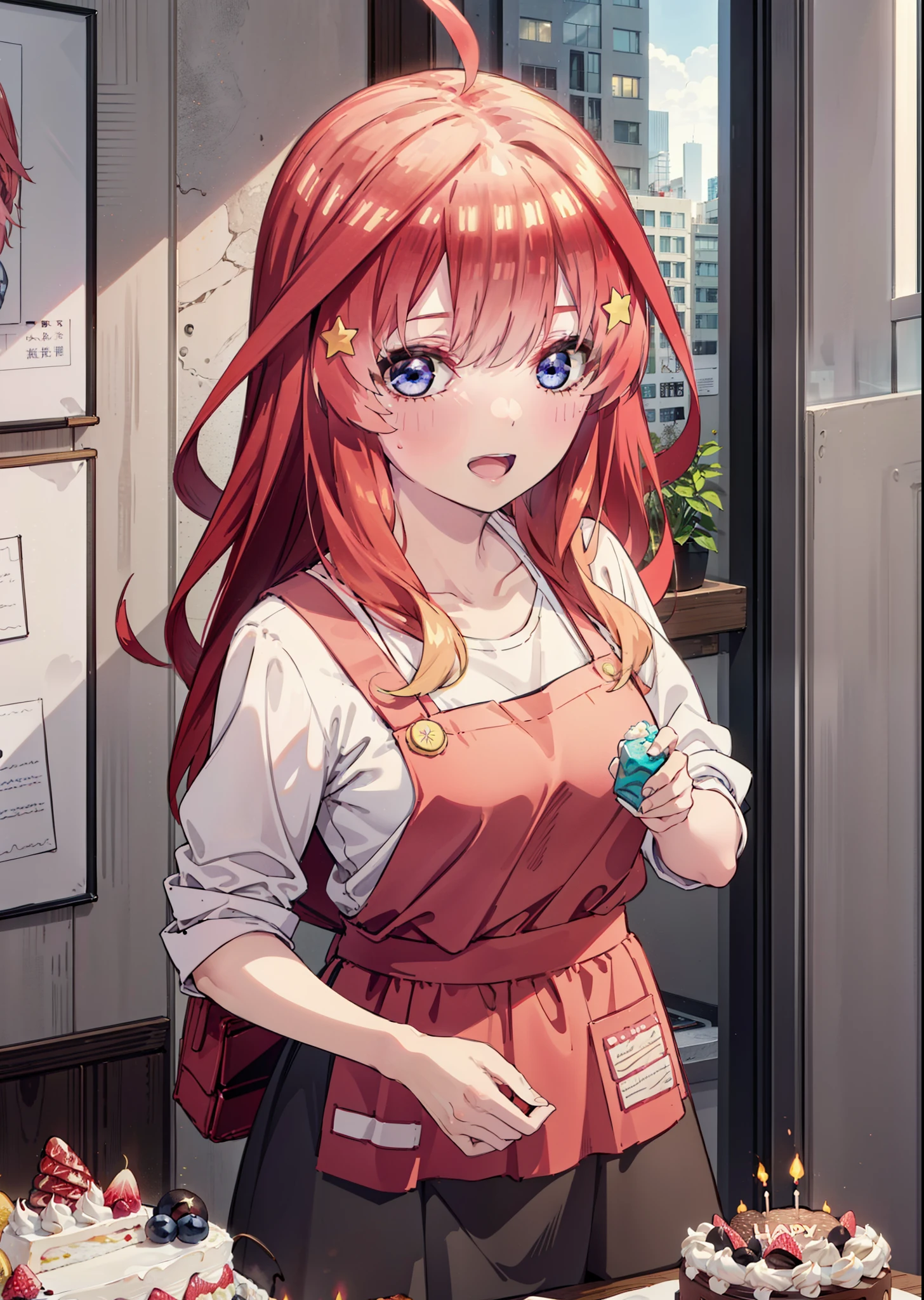 itsukinakano, Itsuki Nakano, bangs, blue eyes, Hair between the eyes, Ahoge, Redhead, star \(symbol\), hair ornaments,happy smile, smile, Open your mouth,cracker, star hair ornaments,Red Tank Top,Long skirt,Black pantyhose,apron,Walking,There is food and a birthday cake on the table,whole bodyがイラストに入るように,
break indoors, room,
break looking at viewer,whole body,
break (masterpiece:1.2), Highest quality, High resolution, unity 8k wallpaper, (figure:0.8), (Beautiful attention to detail:1.6), Highly detailed face, Perfect lighting, Highly detailed CG, (Perfect hands, Perfect Anatomy),