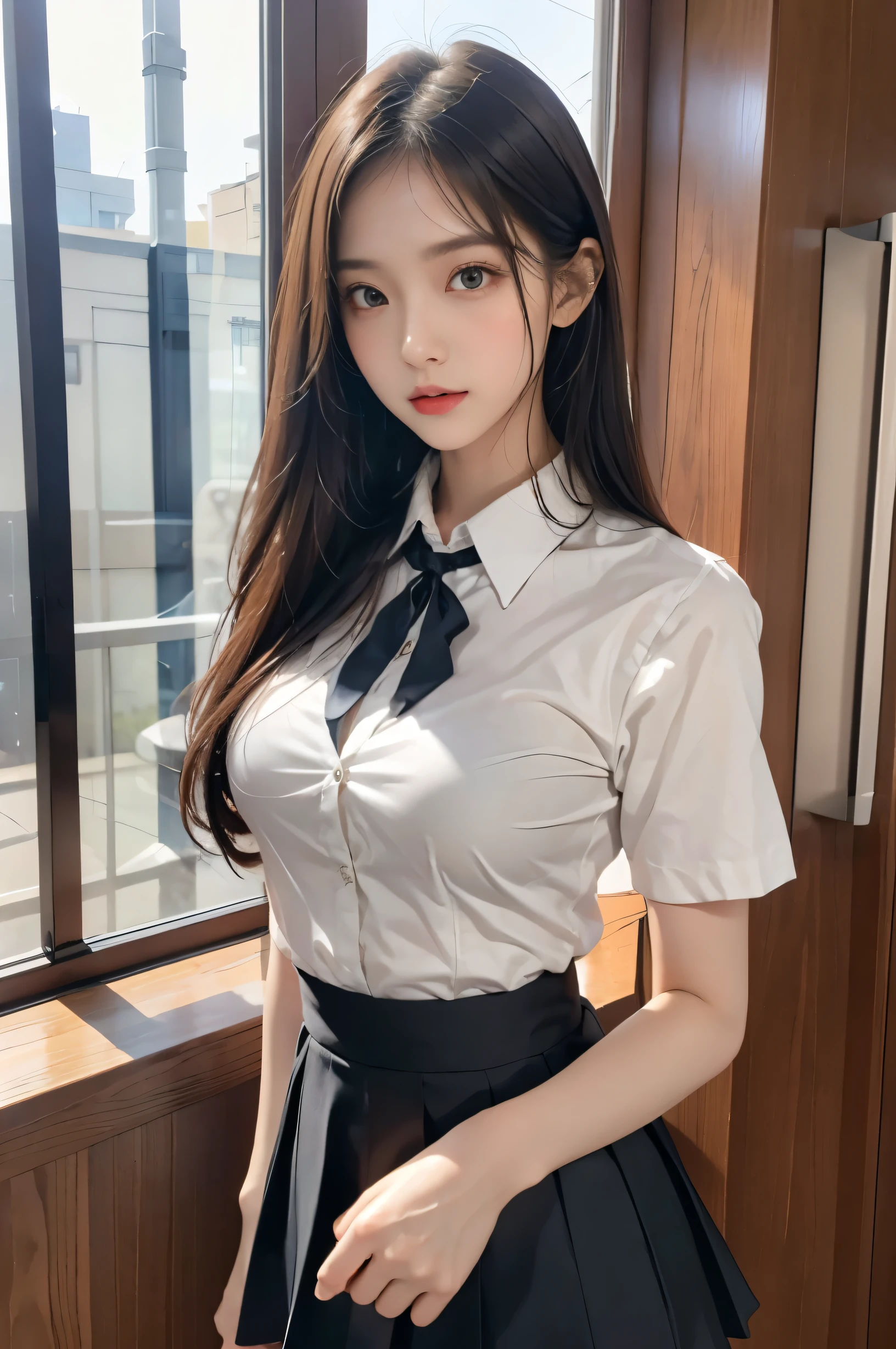 (ultra HD), (School uniform with short sleeves, White collared shirt, Black Skirt), Full body description, Big Breasts, Cleavage, slender, Clean and shiny skin, Whitening, Super slender face, (long hair, Layered Cut, Fluffy hair,light brown), (Big eyes, Slanted Eyes), Small Nose, Thin lips, Thin legs, classroom