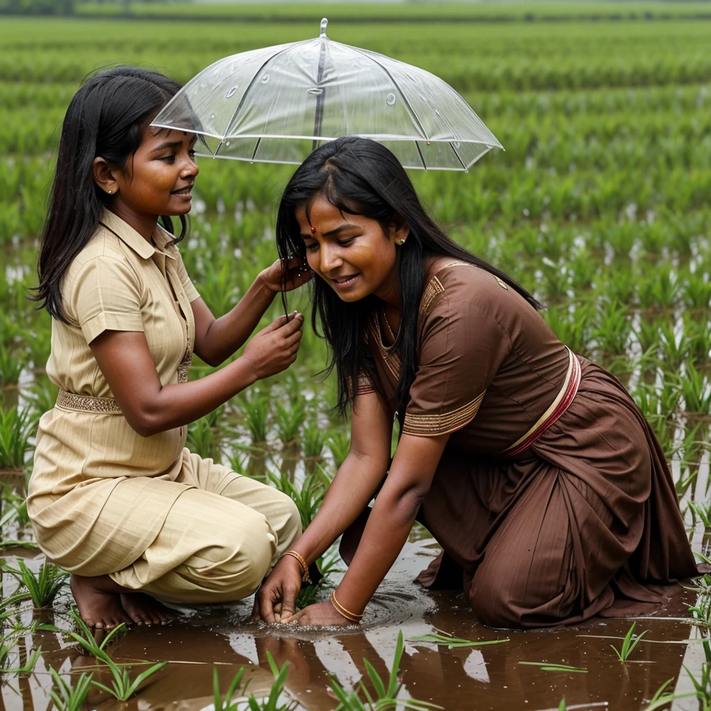 A indian mother is planting paddy in the field with her  and it is raining heavily, the children are crying.