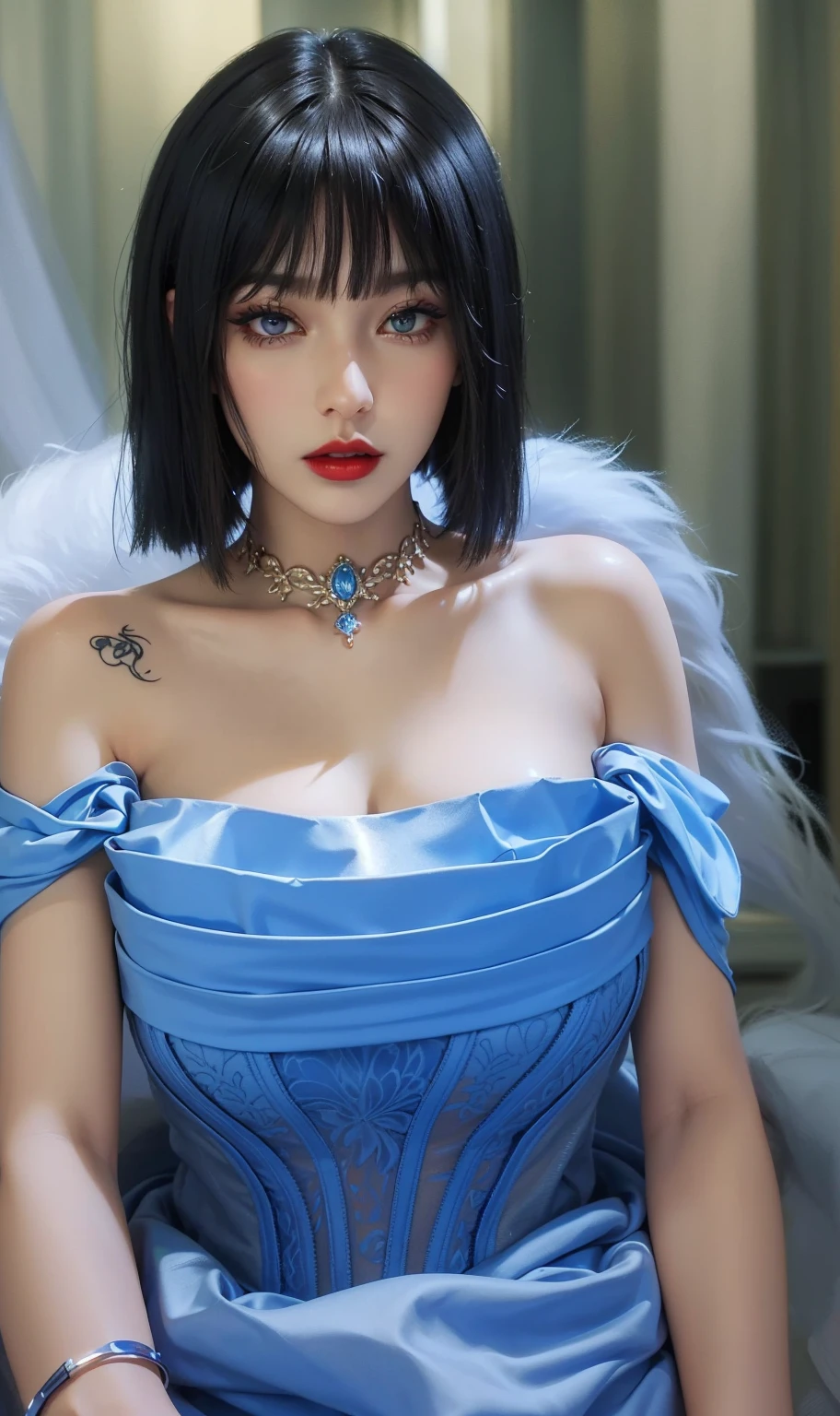 Royal princess，Extremely detailed, Delicate face, Stock Photography , Portrait 400, F1 Camera Lens.6, rich and colorful, Surrealism, Realistic textures, Dramatic Lighting, Thin Film Distiller 800 (8K, original photo, Better quality, masterpiece: 1.2), Extremely detailed, (Extremely delicate skin: 1.2), 8K ultra high definition, SLR camera, Soft Light, high quality.Fire Queen，Blue pupils，Wear red lipstick，Have a tattoo，The tattoo is very three-dimensional，Gorgeous and intricate tattoo designs，Dark eyeshadow，Sexy thick lips(Red lipstick)，Gorgeous clothes，