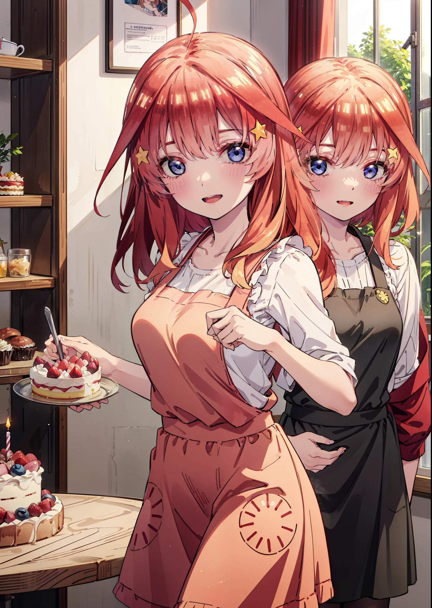 itsukinakano, Itsuki Nakano, bangs, blue eyes, Hair between the eyes, Ahoge, Redhead, star \(symbol\), hair ornaments,happy smile, smile, Open your mouth,cracker, star hair ornaments,Red Tank Top,Long skirt,Black pantyhose,apron,Walking,There is food and a birthday cake on the table,whole bodyがイラストに入るように,
break indoors, room,
break looking at viewer,whole body,
break (masterpiece:1.2), Highest quality, High resolution, unity 8k wallpaper, (figure:0.8), (Beautiful attention to detail:1.6), Highly detailed face, Perfect lighting, Highly detailed CG, (Perfect hands, Perfect Anatomy),