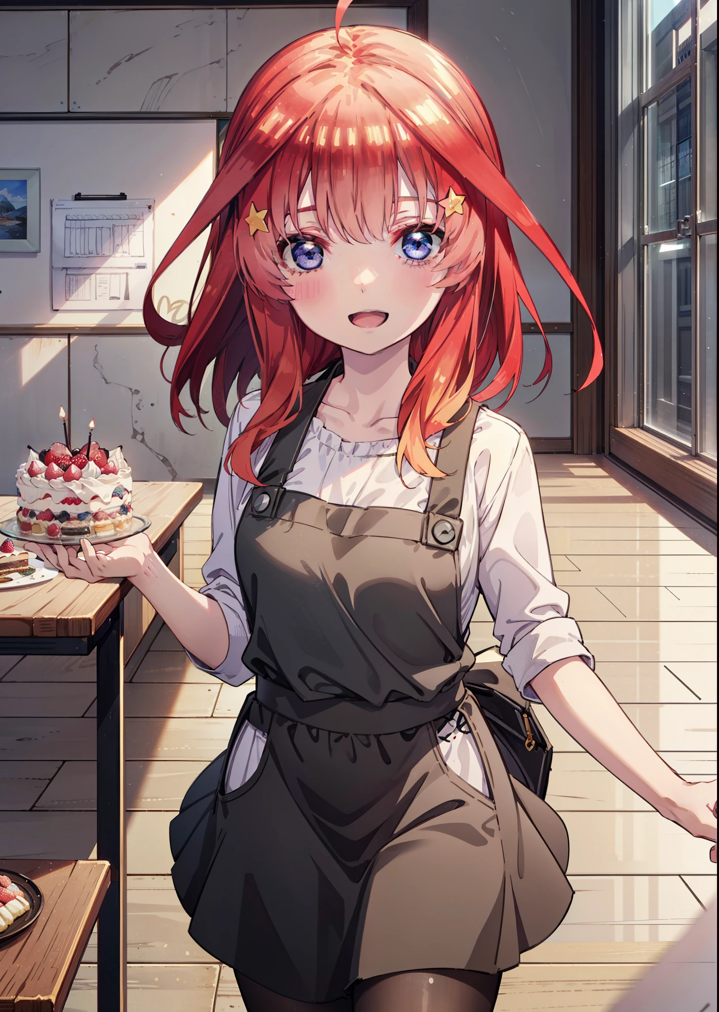 itsukinakano, Itsuki Nakano, bangs, blue eyes, Hair between the eyes, Ahoge, Redhead, star \(symbol\), hair ornaments,happy smile, smile, Open your mouth,cracker, star hair ornaments,Red Tank Top,Long skirt,Black pantyhose,apron,Walking,There is food and a birthday cake on the table,whole bodyがイラストに入るように,
break indoors, room,
break looking at viewer,whole body,
break (masterpiece:1.2), Highest quality, High resolution, unity 8k wallpaper, (figure:0.8), (Beautiful attention to detail:1.6), Highly detailed face, Perfect lighting, Highly detailed CG, (Perfect hands, Perfect Anatomy),