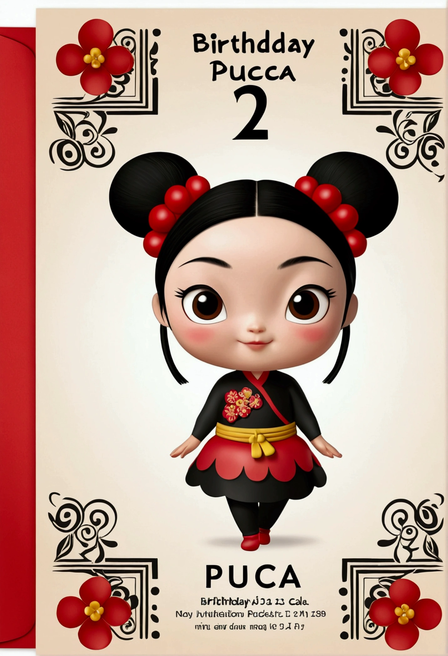 Invitation card for birthday number 2 with the image of realistic pucca