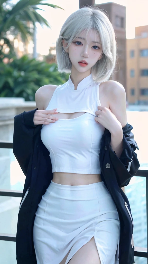 Beautiful woman with perfect figure:1.4，snow，snow背景，Layered Hairstyle，White skin，Prominent cleavage，Pleated Skirt，whole body，Very delicate face and skin texture，Double eyelids，Skin Whitening，Long white hair