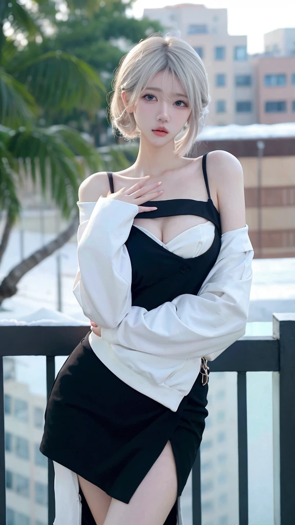 Beautiful woman with perfect figure:1.4，snow，snow背景，Layered Hairstyle，White skin，Prominent cleavage，Pleated Skirt，whole body，Very delicate face and skin texture，Double eyelids，Skin Whitening，Long white hair