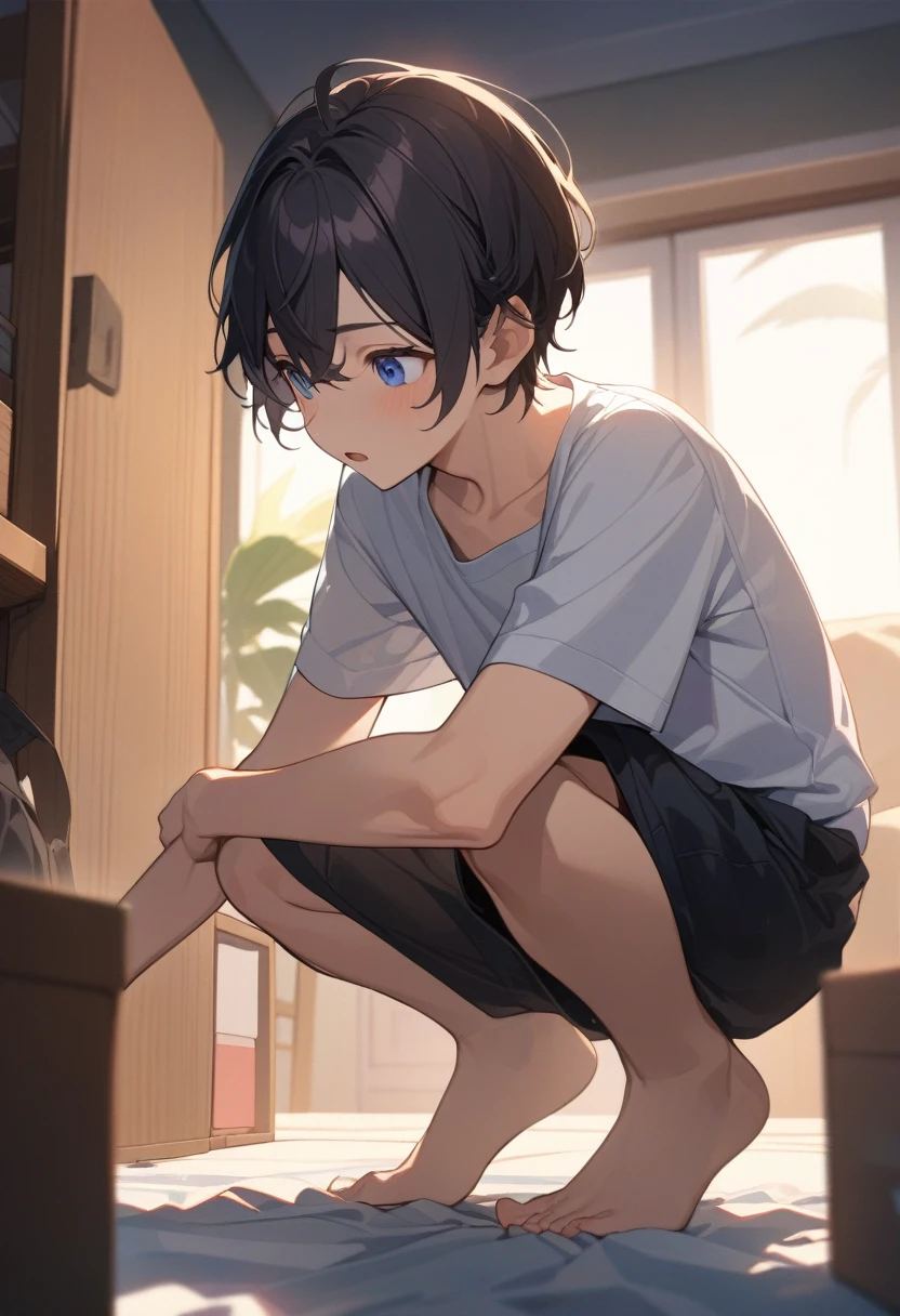 masterpiece, best quality, extremely detailed, ultra detailed, flat anime, 2D,
((1boy)),black hair, (short hair:1.5),blue eyes, height 1.7meters,  (circle eyes:1.2),  (young adult:1.2), Ear-length sideburns,
long Sleeves, White T-shirt, barefoot, 
squatting, looking away, expressionless,open mouth, upper body,from side,
summer, 12AM, livingroom,organizing the boxes., I'm looking at the material in my hand.