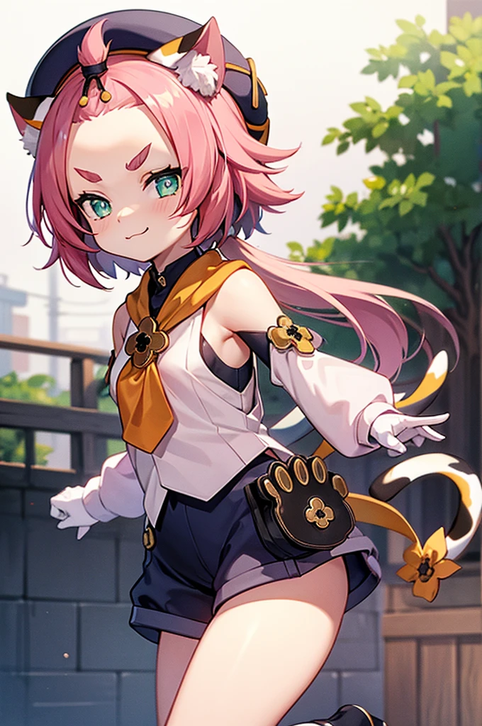 catgirl, bottomless, 10 years old, furrowed eyebrows, smirk, , outside, tail, detached sleeves, hat