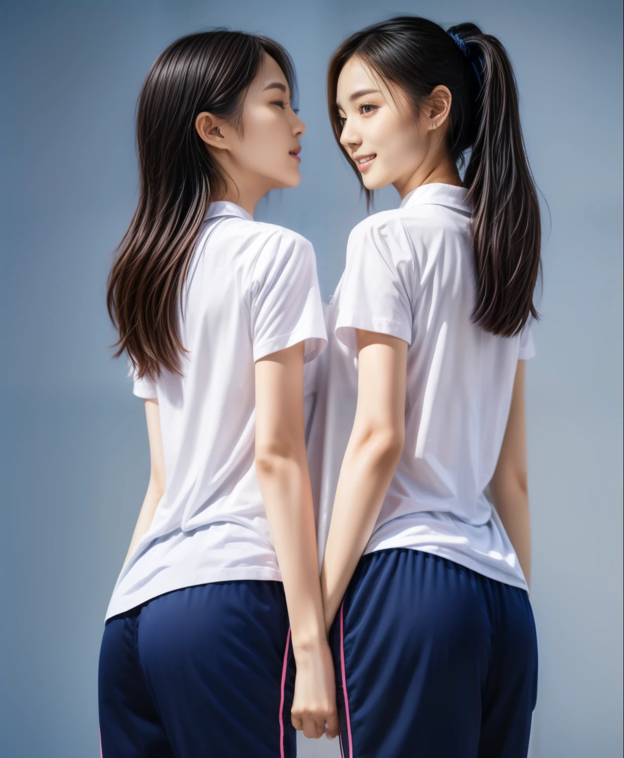 (best quality,10,10,height,Masterpiece:1.2),Special details,(realistic,ภาพrealistic,Realistic photos:1.37),1 Cute girl in the kitchen,shiny, ผิวshiny,only,smile softly,BDclothelue shirt:1.3)),short sleeve,shirt, กางเกงขาlong.,(navy_long_track pants:1.1), ((Kitchen Background)),Dynamic angle,excited,Face focus,dynamic poses,from behind,focus on ass,Masterpiece, best quality, ultra realistic, hyper detail, 8k resolution, raw photos, Sharp focus, ((Navy blue shirt:1.1)), short sleeve, เส้นทางlong, perfect body, 2 mature women, 18 years old, Cinema-grade lighting system,blue sweatpants,shirtผ้าออกกำลังกาย,correct anatomy,perfect body, correct body, Sharp face, correct bodyทางกายวิภาค, full body, realistic gestures, long-haired, realistic poses,Wear long shorts...........................,ช่วงขาlong,Good shape,carved girl, Slender figure, model, Good shape, beautiful body,blue sweatpants, two girls kissing