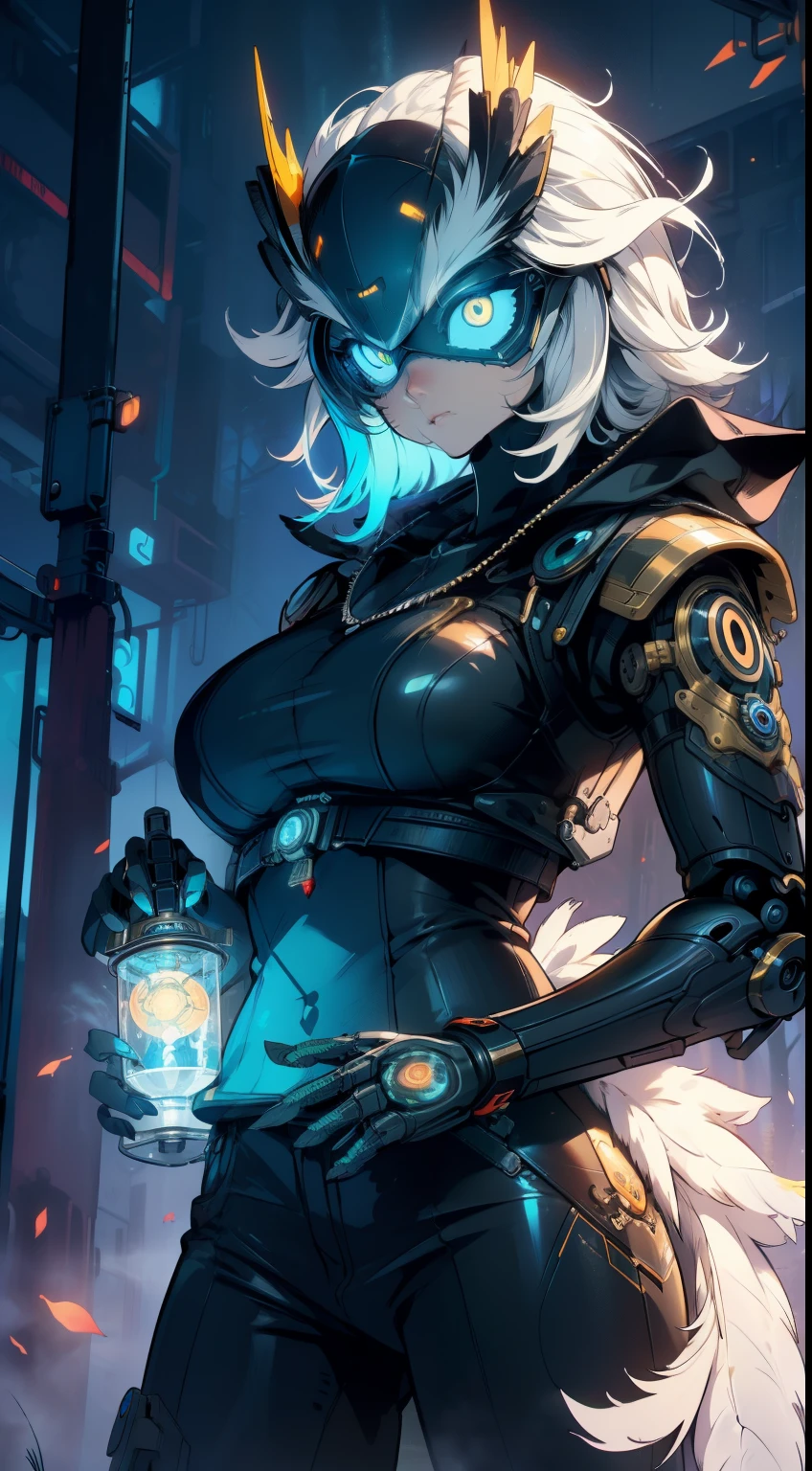 a robotic Owl looking at the viewer, (Masterpiece), Best Quality, ((Owl)), (((no_humans))), robotic, mechanic, ANIMAL, feathers, glowing eyes, scary,noche, horror, enfoque ANIMAL, trees, officer, glow, Dark, steampunk