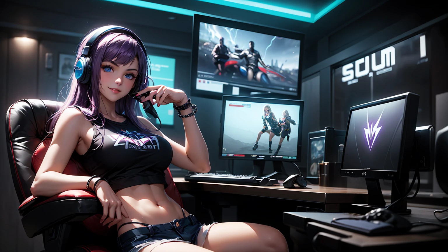 Render a top-quality image of an 18-year-old girl with a heart tattoo on her right shoulder. She has long purple hair and blue eyes, wearing a black navel crop top that barely covers her breast, and jean shorts, highlighting her slender figure and best bust of 85. The girl is sitting in a gaming chair, slouched with a smile, holding a gaming controller. She is adorned with chain accessories, a black wristband, and gaming headphones. The background features a neon-colored room with a gaming PC, gaming desk, gaming chair, and gaming bed, complete with a gaming console. The image should exhibit high-quality visual artistry, with intricate details and a dynamic lightning bolt effect for depth and lighting.