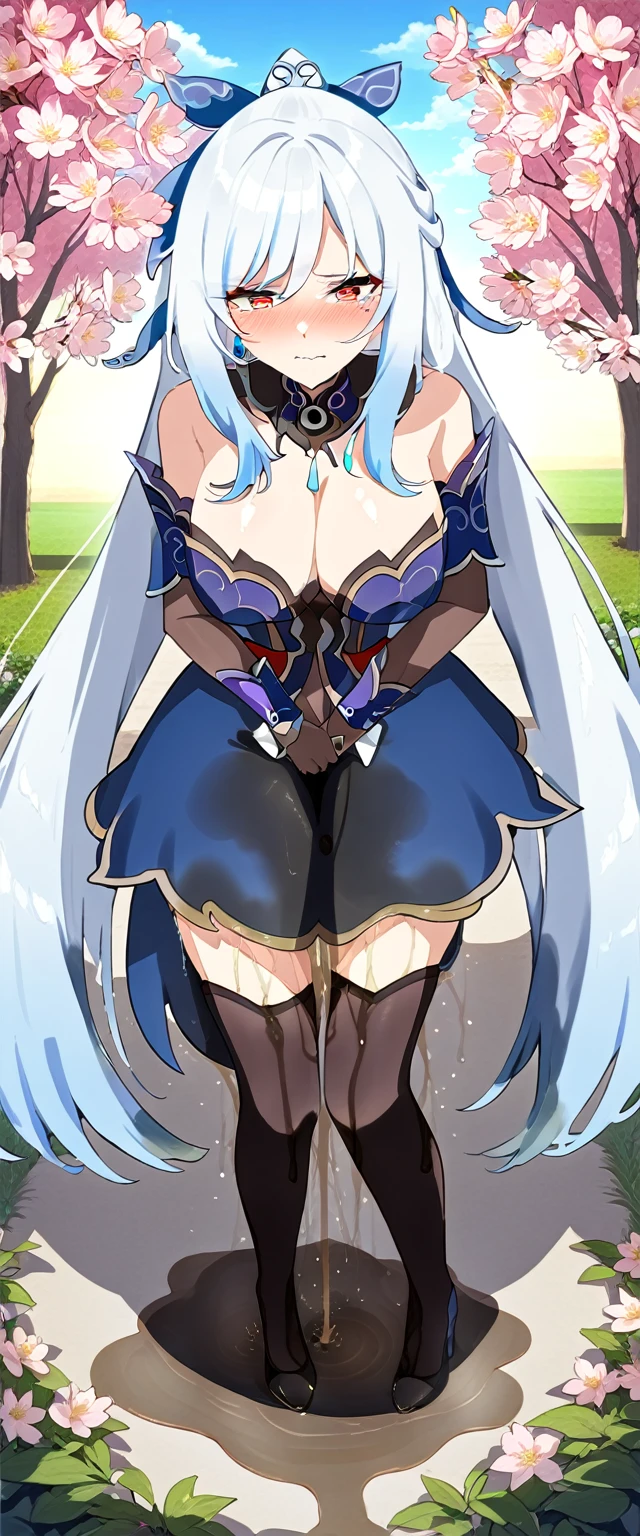 (masterpiece:1.37), best quality, (extremely detailed:1.37), (1girl:1.5), woman, (mature:1.5), (adult:1.5), jingliu, white hair, long hair, ponytail, hair ribbon, red eyes, earrings, jewelry, bodystocking, (extremely detailed eyes:1.37), (wetting self:2.0), desperation, (standing:1.5), embarrassed, humiliation, blushing, angry, cherry blossoms, garden, (golden hour:1.5), full body, (crossing legs:1.5), from above