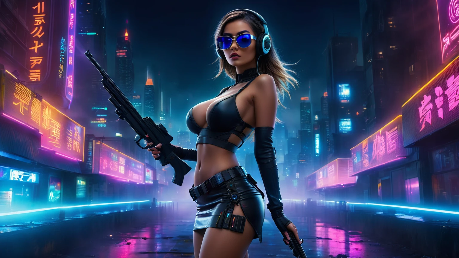 dark futuristic landscape, at night, neon lights, Atmospheric fog, large buildings in the background, futuristic city, streets with open shops, skyscraper (postapocalyptic city:1.3). (((1girl, solo, alone))), large-breast:1.2 slim body, cleavage:1.1, sexy miniskirt, (((headphone, black sunglasses, standing and holding pistol pose))), (((half-body thigh level medium shot))), cinematic lighting, lens flare, ray tracing.
