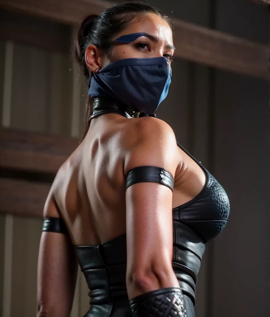 High quality image, masterpiece, detailed hair texture, detailed skin texture, detailed cloth texture, 8k, add fabric details, ultra detailed skin texture, ultra detailed photo, skin pores, cloth details, high skin details, realistic hair details, arafed woman in a blue top and black leather pants with a mask on, kitana from mortal kombat, character from mortal kombat, style of mortal kombat, in mortal kombat, mk ninja, portrait ninja gaiden girl, beautiful female assassin, snake-head female assassin, mortal kombat 11, female assassin, 8 k sensual lighting, akali, 8k hq
