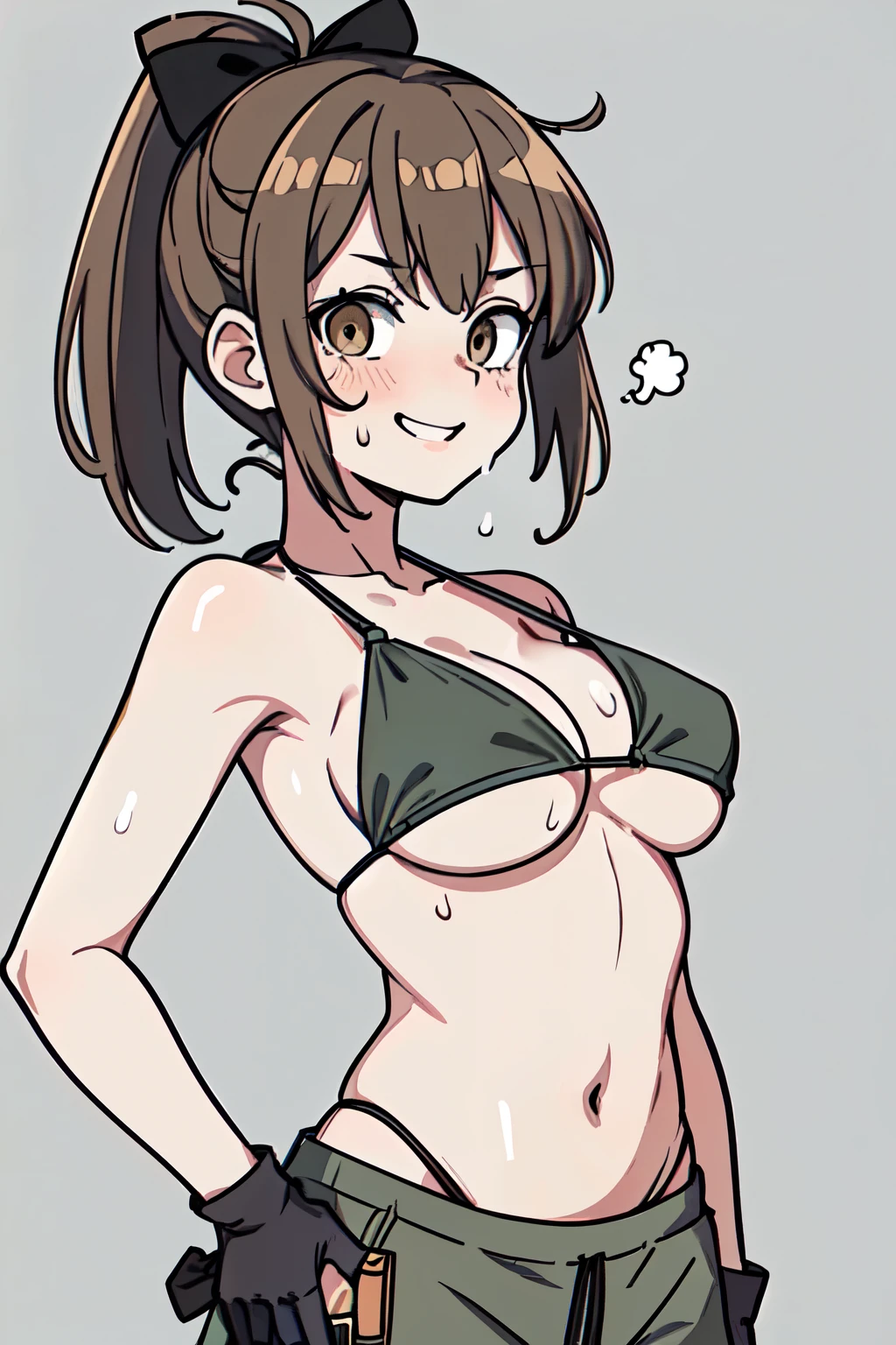 best quality, masterpiece, 1 mechanic girl, smiling, (wearing bikini-top, khaki cargo pants:1.4), gloves, (light brown ponytail hair with bangs:1.3), (sweating a lot:1.4), (contrapposto:1.3), factory, (medium breast, cleavage, underboob:1.2)