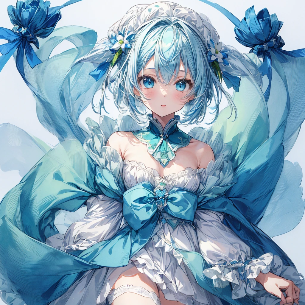 1girl、A picture facing the viewer、(((Super detailed、Highest quality、Masterpiece)))、Original cute hairstyle、Milky white and blue hair color、Simple Green Background、