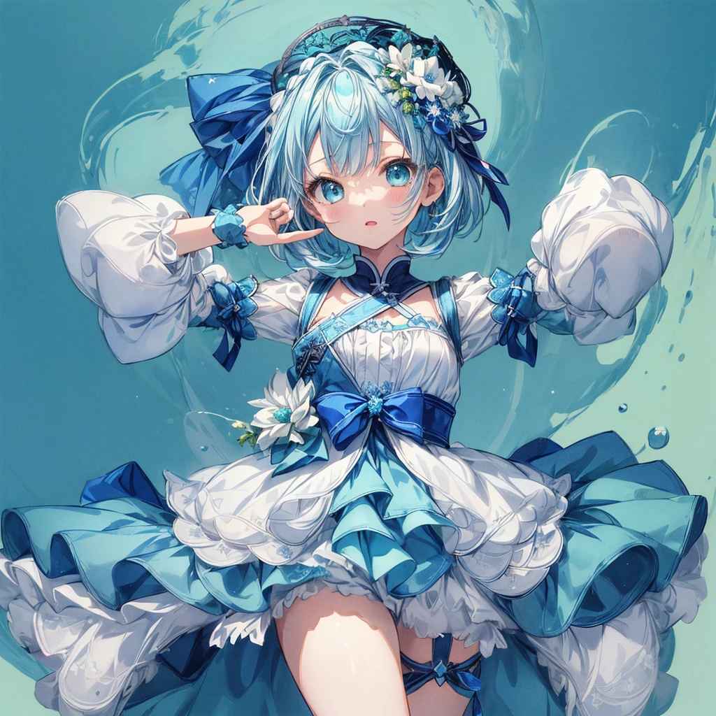 1girl、A picture facing the viewer、(((Super detailed、Highest quality、Masterpiece)))、Original cute hairstyle、Milky white and blue hair color、Simple Green Background、