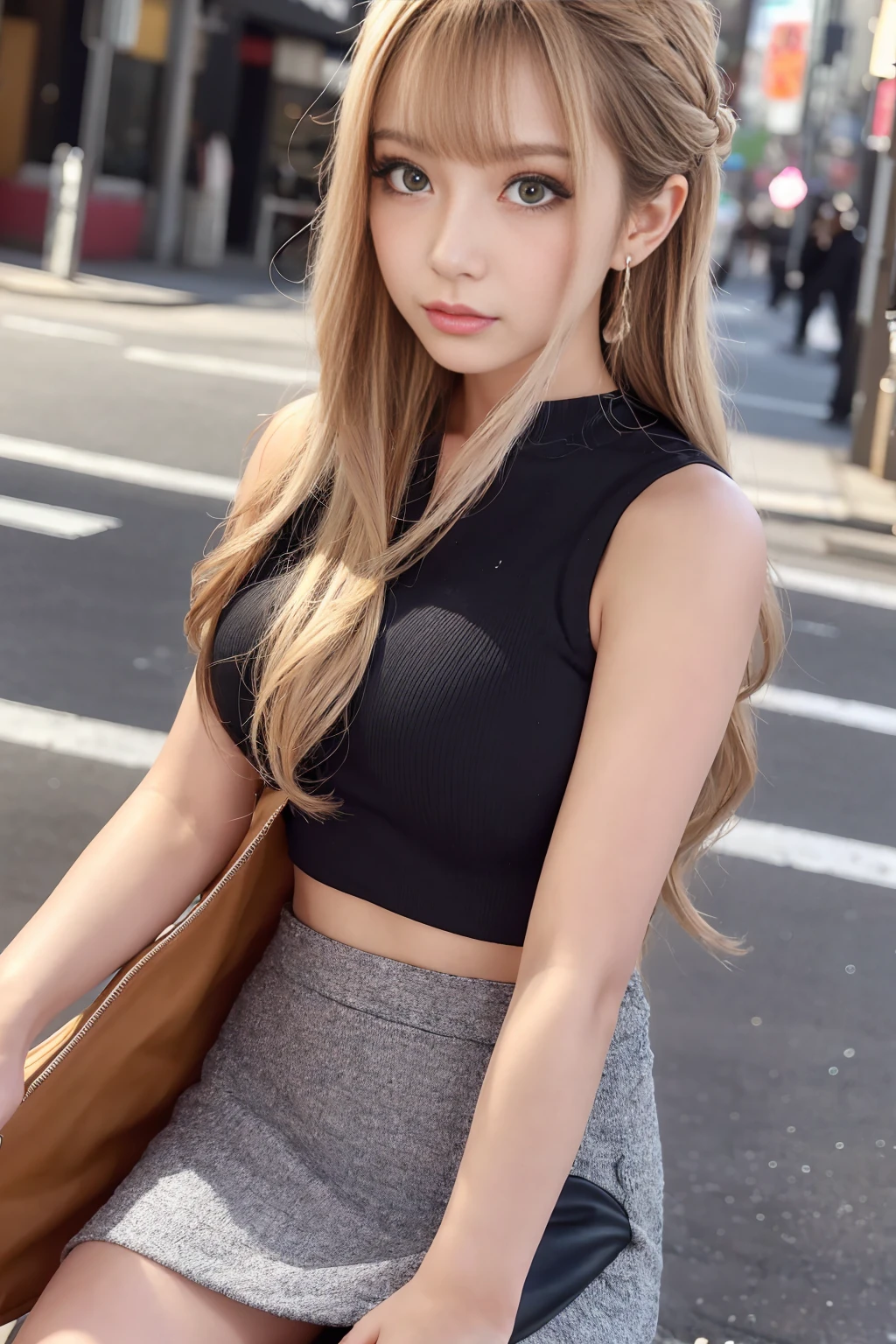 Generate a close-up image of a cute Japanese gal gazing at you with a seductive expression。She is wearing a sleeveless top and a tight mini skirt.、like々It emphasizes a stylish look.。Hair is a trendy color(For example, light brown or blonde)Dyed by、It has loose and playful waves.。The background is a vibrant urban setting featuring softly blurred colorful lights.、It highlights her features。The makeup is perfect and in line with the latest trends.、Particular emphasis is placed on the eyes and lips to bring out her charm.。Confident、She has a slightly mysterious look、It exudes charm and playfulness.。The sleeveless top and mini skirt fit her perfectly.、Showing off her curves and fashionable style、Make sure to keep the look modern and attractive。