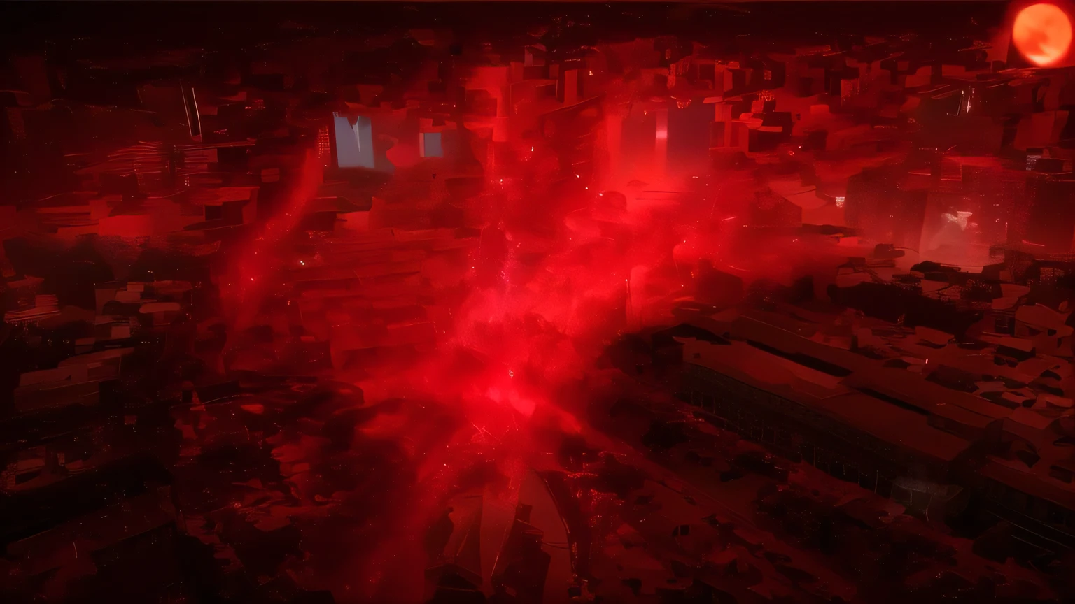a red portal expanding into the ground like a crack, passing through the building, breaking it with the crack reaching the center